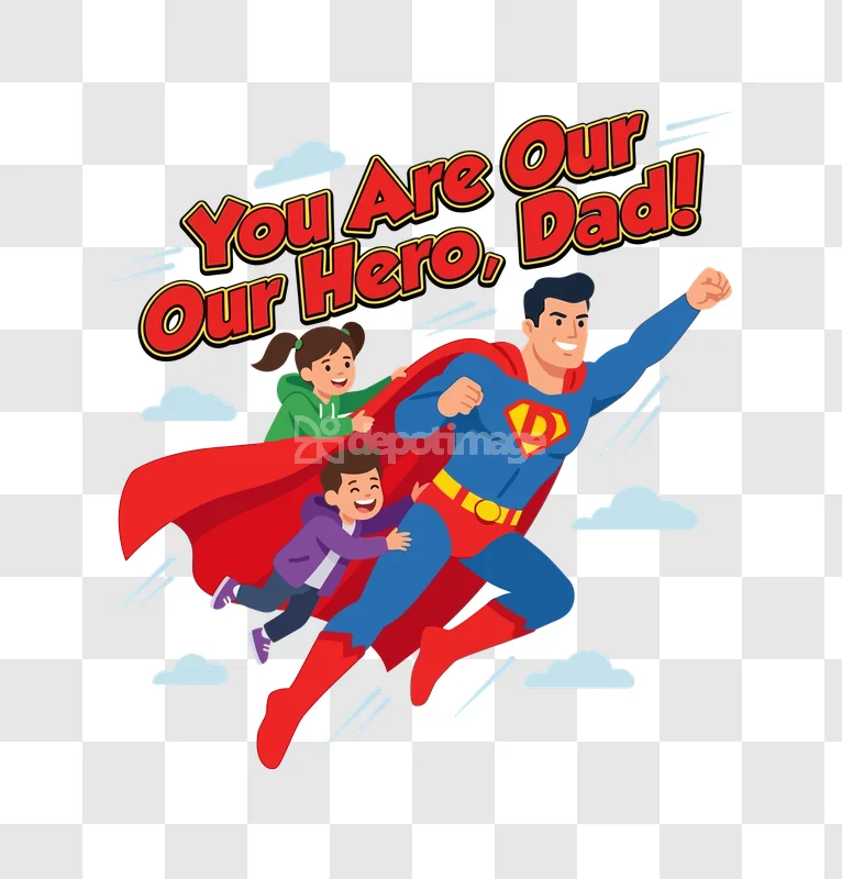 Super Dad Flying Kids Cartoon Hero vibrant cartoon style, red cape, blue sky