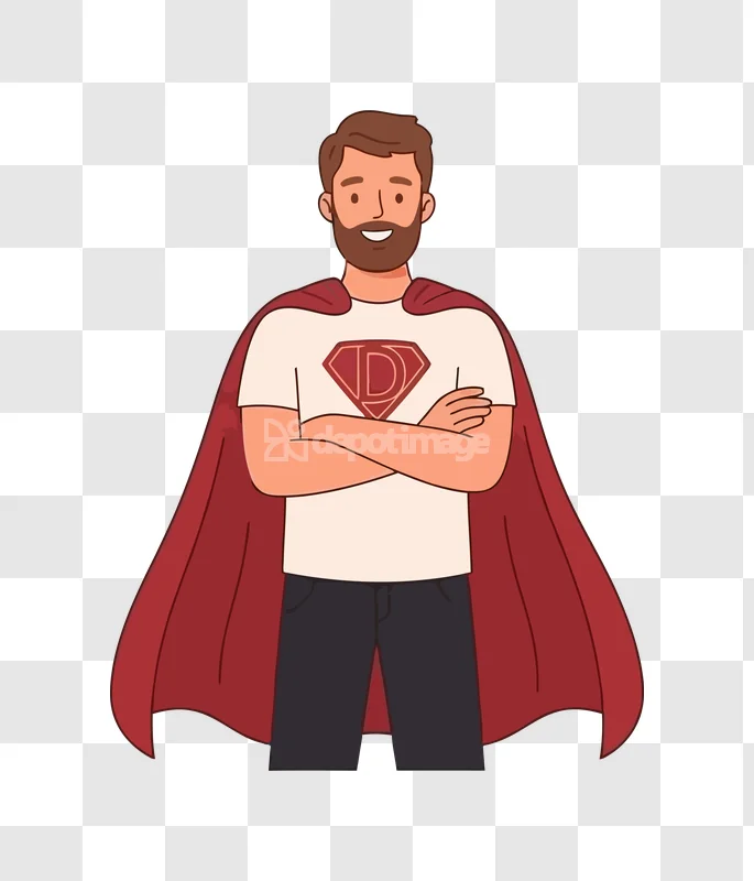 Superhero Man Red Cape Vector Illustration cartoon style, bearded man, red cape