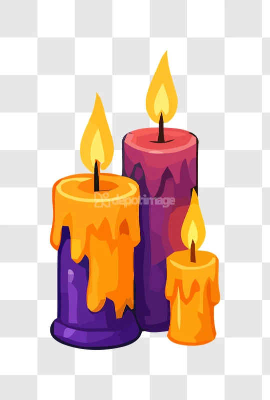 Vector Illustration Three Burning Candles vibrant cartoon style, dripping wax, transparent background