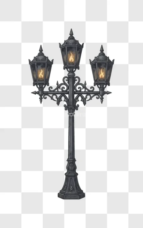 Vintage Dark Halloween Street Lamp Flames