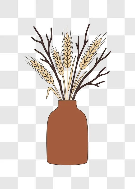 Wheat Branches Rustic Vase Illustration flat graphic brown vase