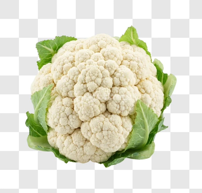 Whole Fresh White Cauliflower Head with green leaves transparent background