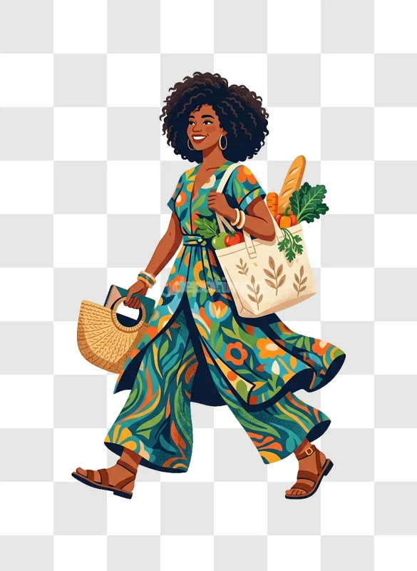 Woman Floral Dress Carrying Groceries