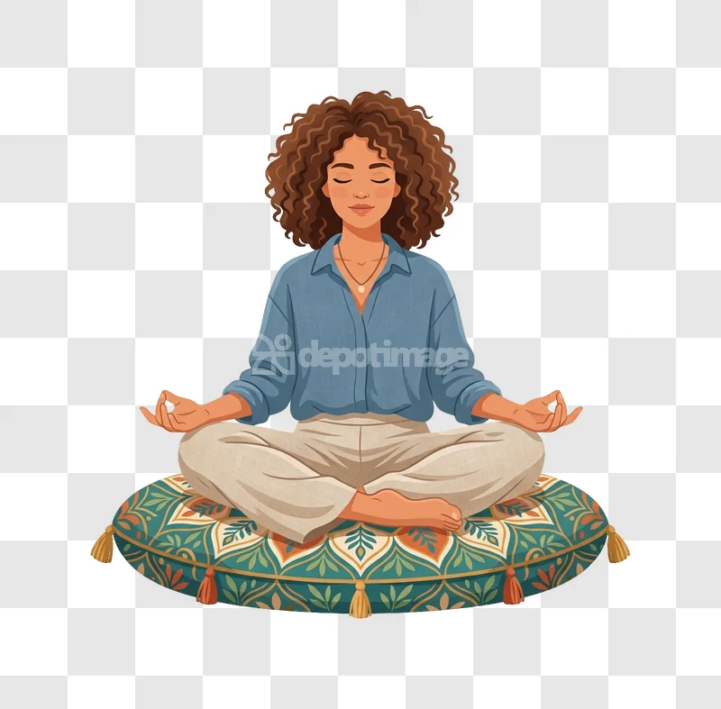 Woman Meditating Cushion Curly Hair cartoon style transparent background