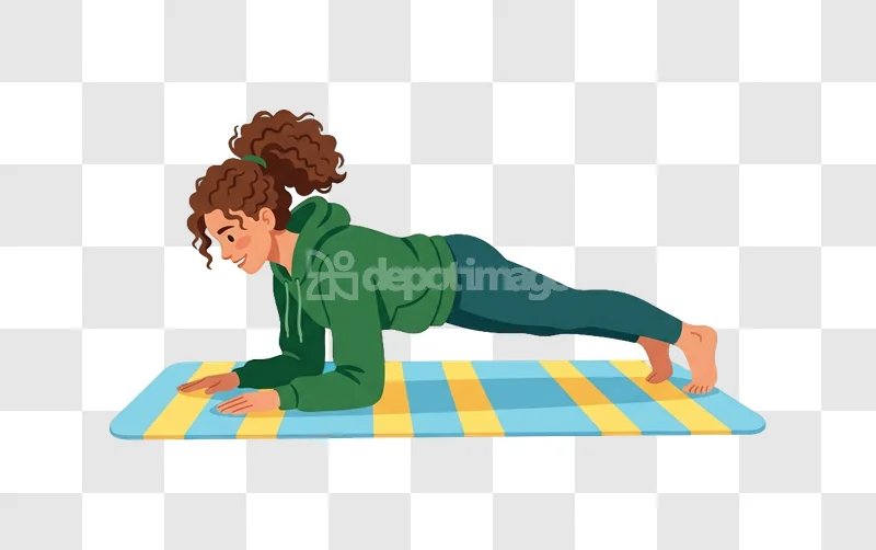 Woman Plank Exercise Fitness Mat cartoon style green outfit striped mat