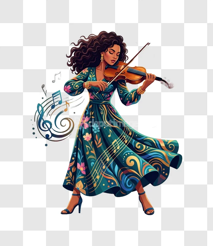 Woman Playing Violin Floral Dress