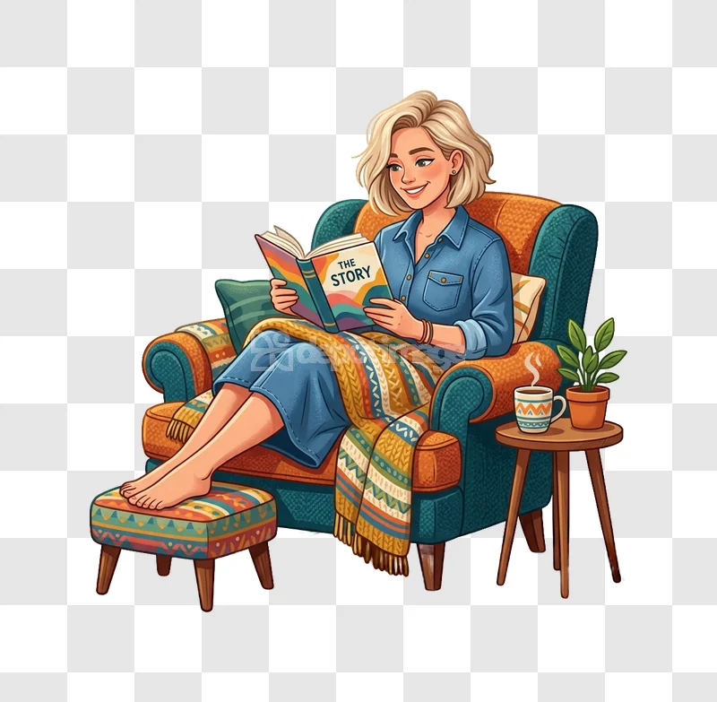Woman Reading Book Armchair Cozy cartoon style colorful cozy
