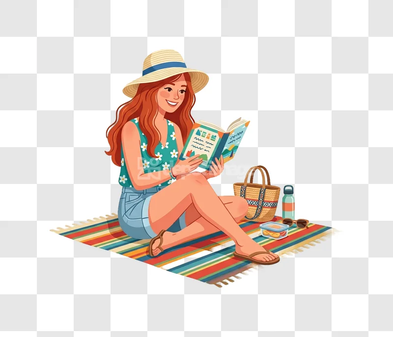 Woman Reading Book Picnic cartoon style colorful striped blanket