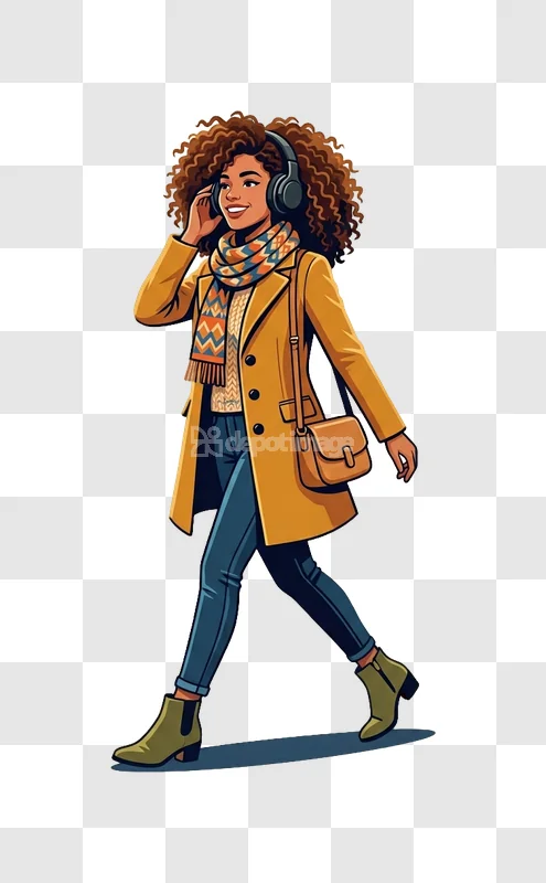 Woman Walking Headphones Scarf Coat