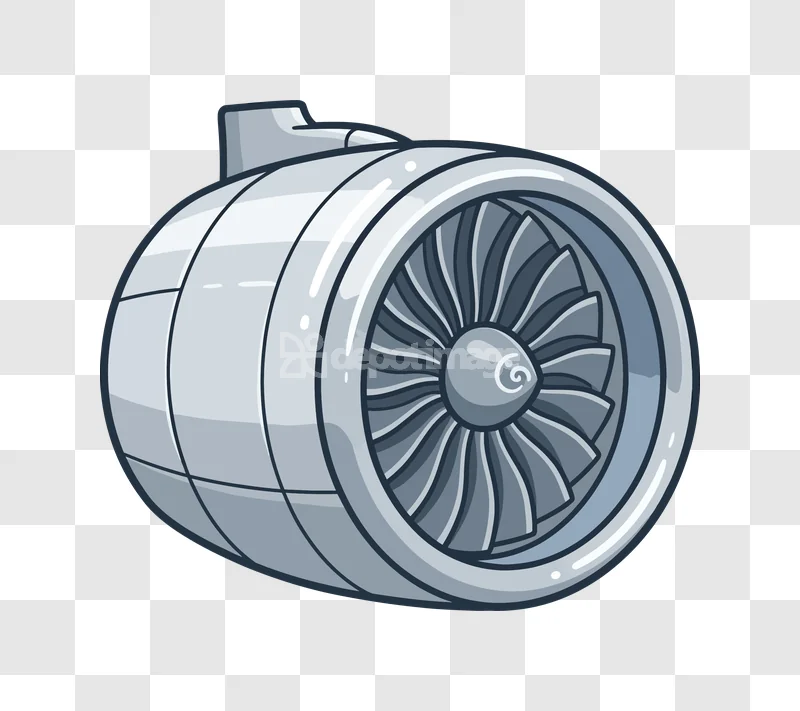 Airplane Jet Engine Cartoon Style Illustration: shiny silver, gray fan blades, transparent background.