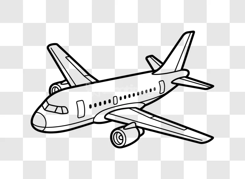 Airplane Outline Cartoon Drawing Black White, simple two-dimensional graphic, black outline, transparent background