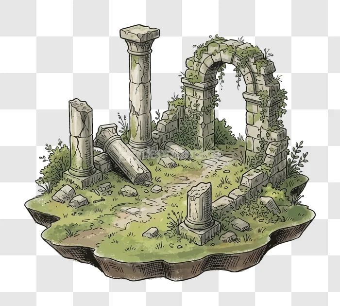 Ancient Ruins Arch Columns Isometric crumbling stone structures, green moss, hand-drawn style, transparent