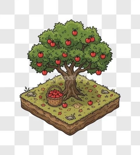 Apple Tree Harvest Basket Grass Isometric