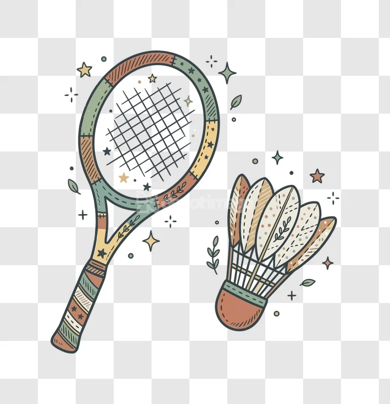 Badminton Racket Shuttlecock Boho Style Stars, patterned earth tone racket, shuttlecock, transparent background