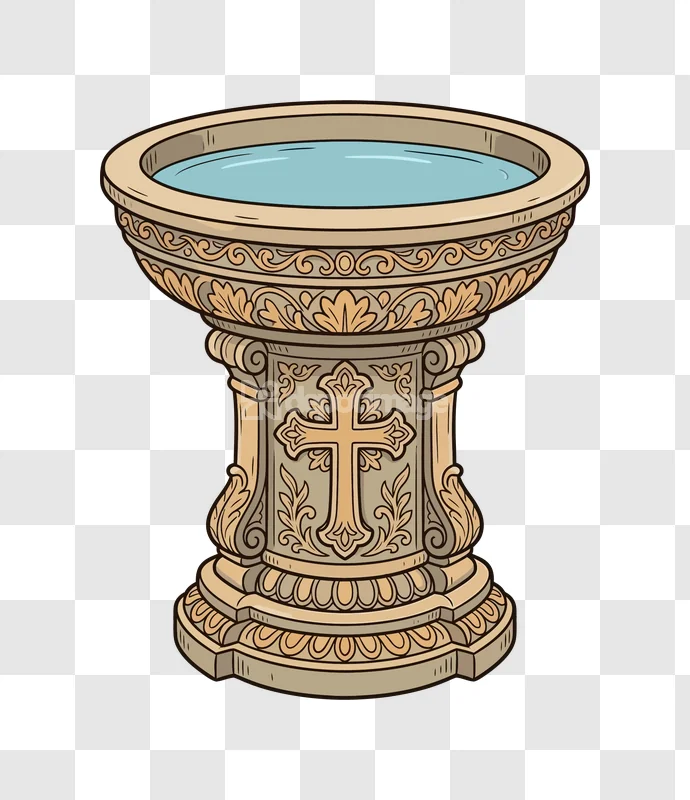 Baptismal Font Holy Water Religious Item: light brown carved stone, blue water, transparent PNG