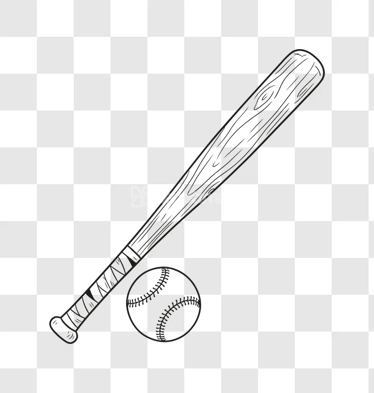 Baseball Bat Ball Cartoon Outline Style: outlined baseball bat and ball, transparent PNG graphic