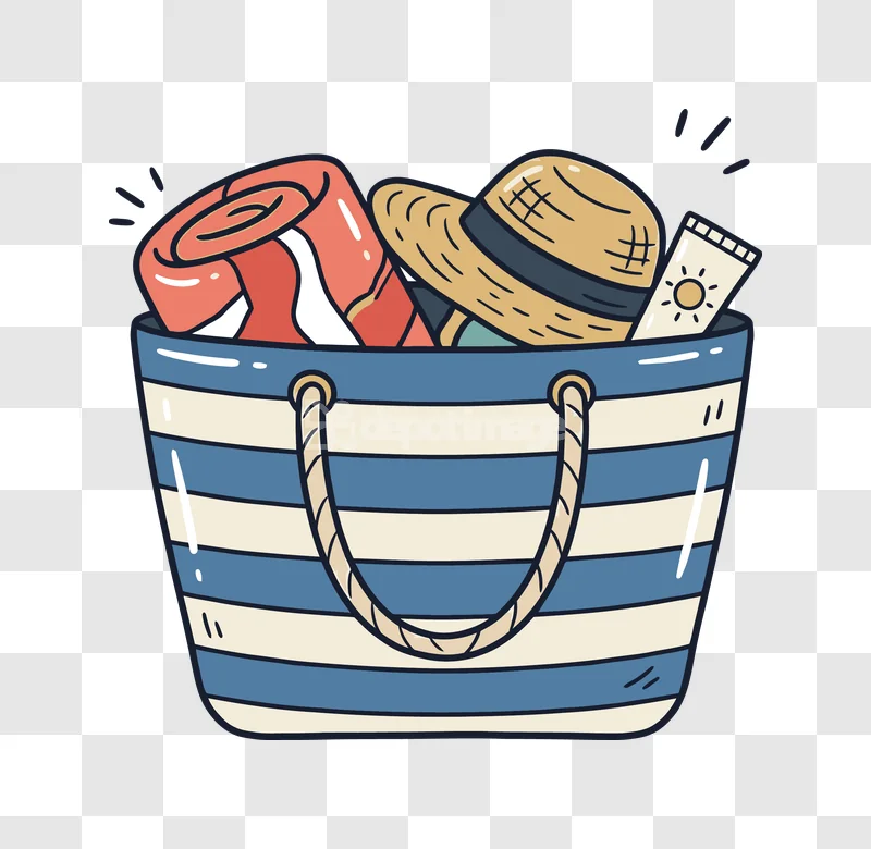 Beach Tote Bag Summer Vacation Hat striped blue cream, hand-drawn style, transparent PNG