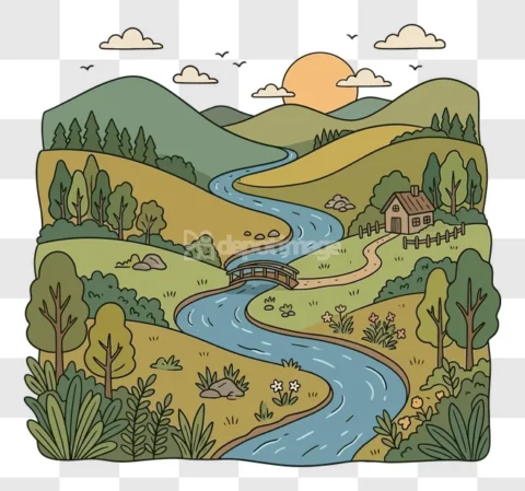 Beautiful Landscape River Mountains House