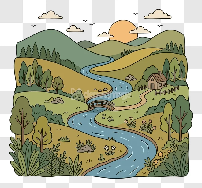 Beautiful Landscape River Mountains House, hand-drawn illustration, earthy colors, winding river, small house