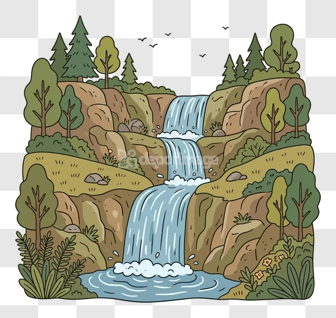 Beautiful Waterfall Forest Nature Landscape Illust, multi-tiered cartoon waterfall with green trees, transparent background