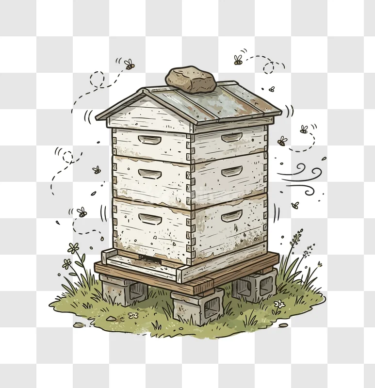 Beehive Honey Bees Grass Outdoors Illustration rustic stacked beehive, buzzing bees, transparent