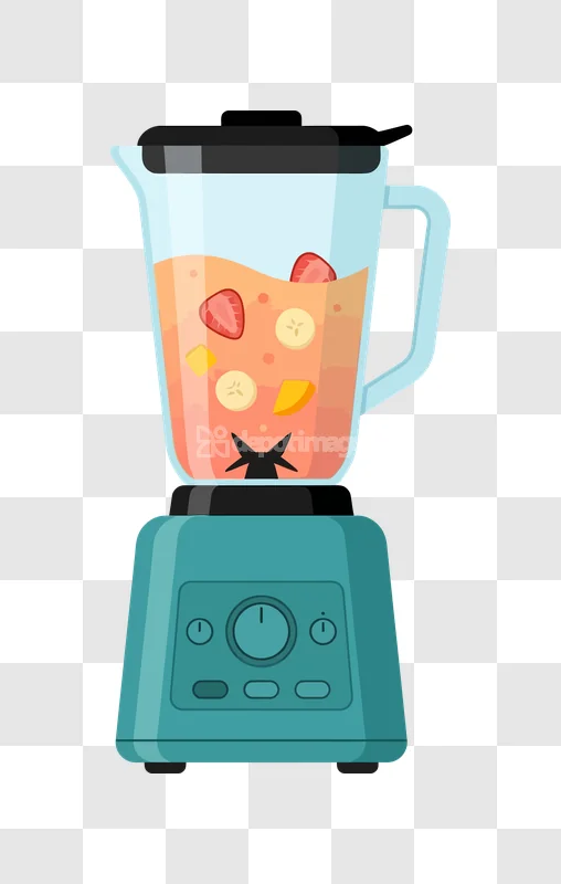 Blender Fruit Smoothie Strawberries Banana: cartoon style, teal blender, pink smoothie