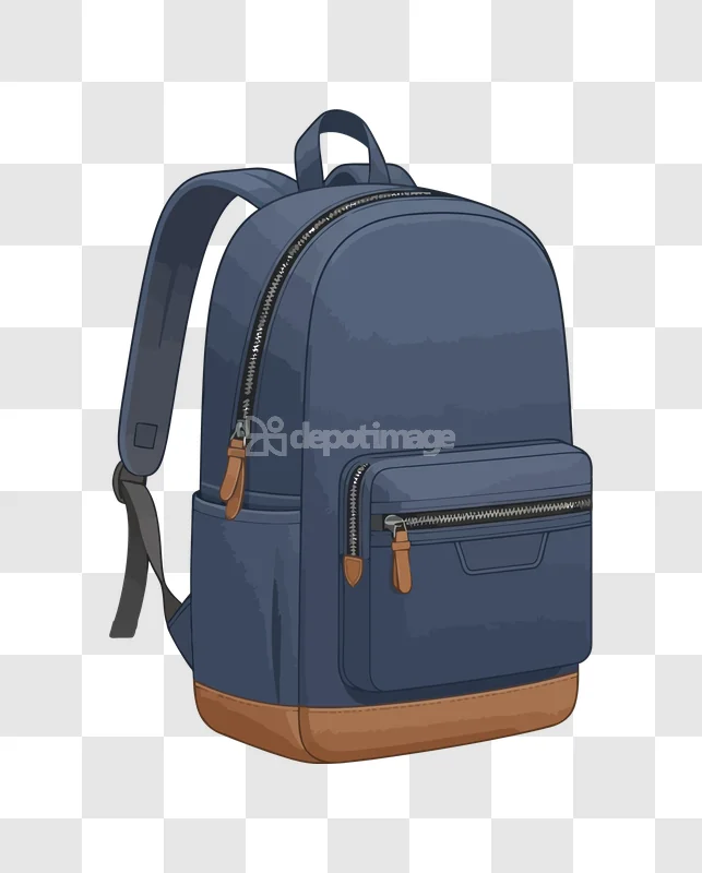 Blue Casual Leather Bottom Backpack, upright illustrative style with brown base and zippers, transparent PNG.