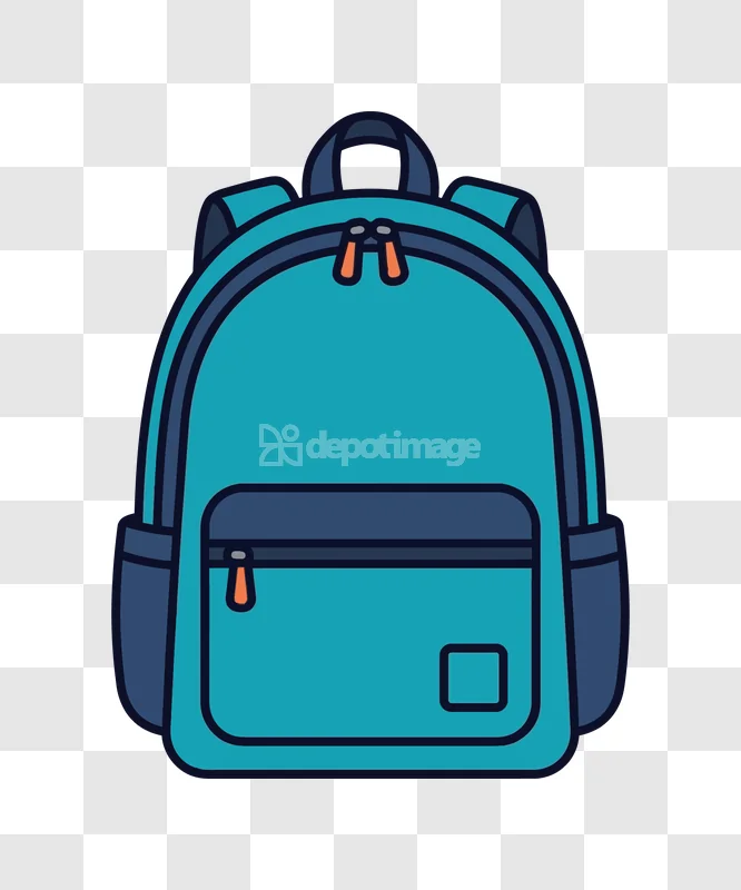 Blue School Backpack Front View Icon, flat teal cartoon style with orange zippers.