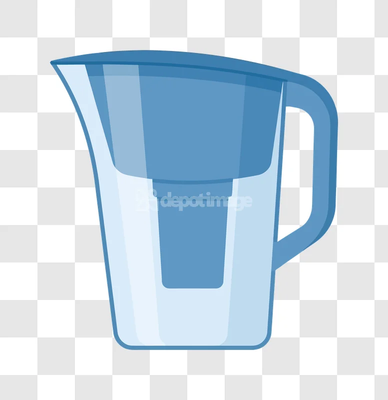 Blue Water Filter Pitcher Clean Beverage, flat cartoon style, clear blue tones