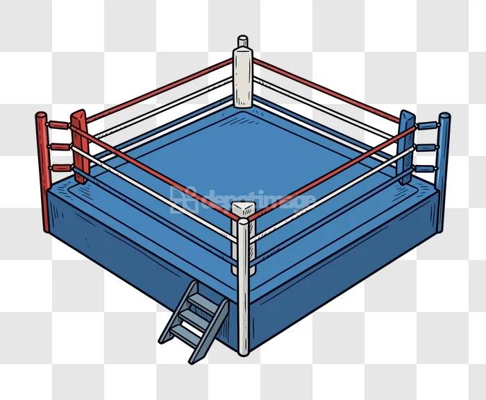 Boxing Ring Arena Blue Red Ropes Isometric: blue mat, red ropes, isometric style, transparent background