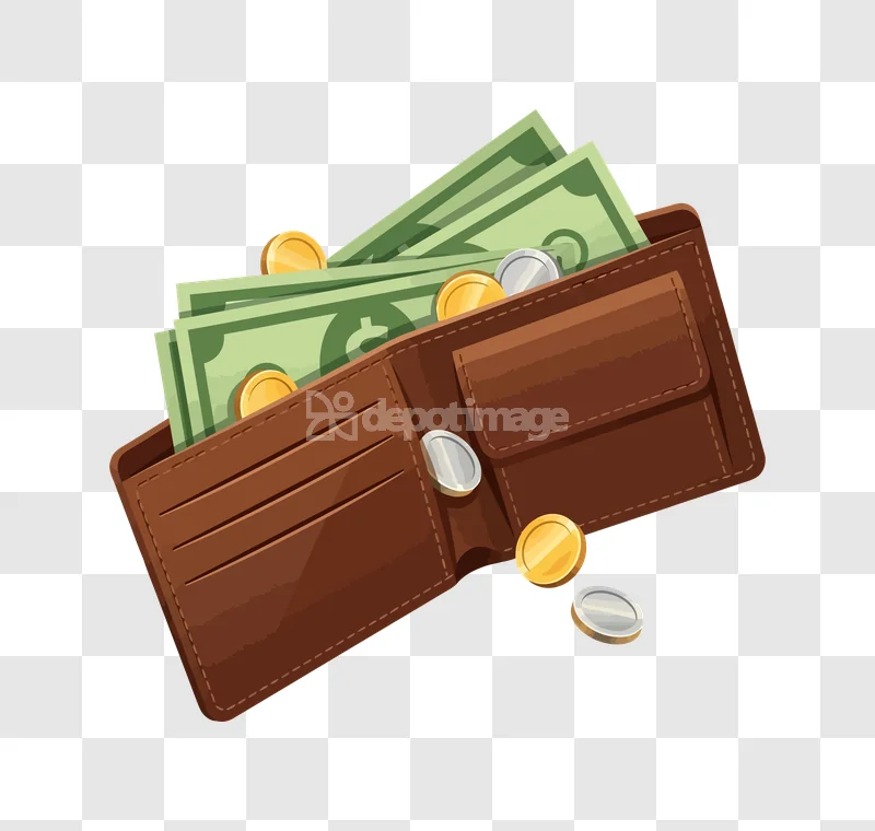 Brown Wallet Money Coins Cash: cartoon style, brown leather, green cash, gold and silver coins