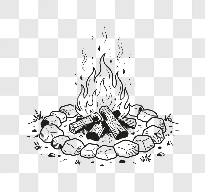 Campfire Stones Logs Fire Camping Drawing, black outline illustration of a campfire with logs and stones
