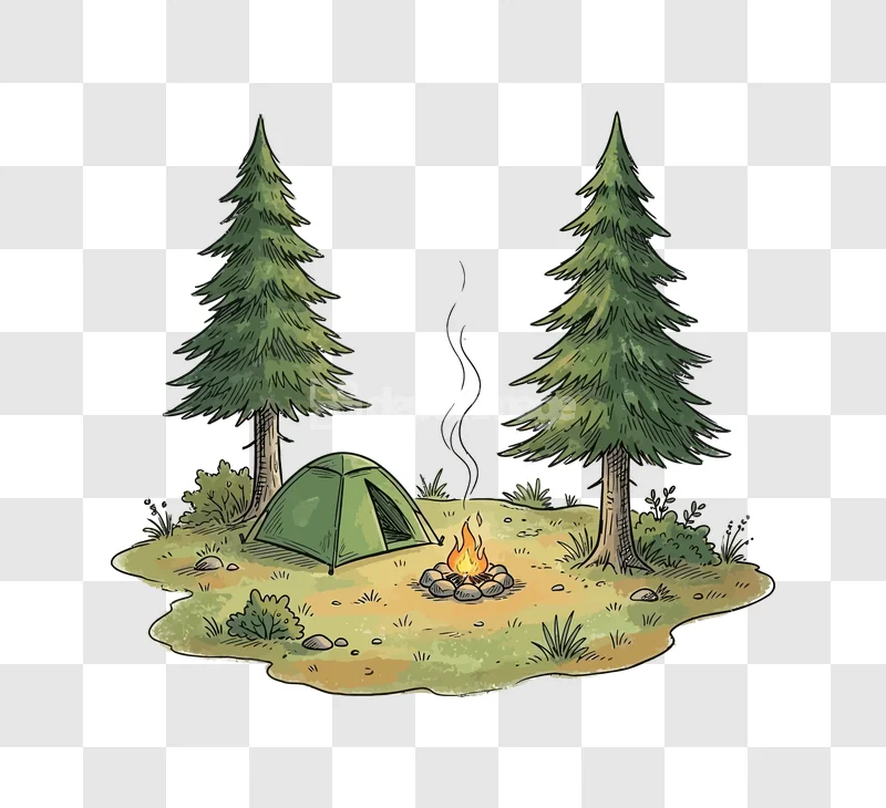 Camping Tent Campfire Pine Trees Illustration, hand-drawn green tent, vivid campfire, tall trees