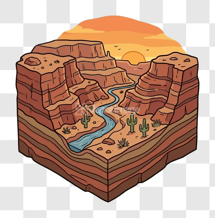 Canyon River Desert Sunset Isometric View orange sky, winding river, desert illustration