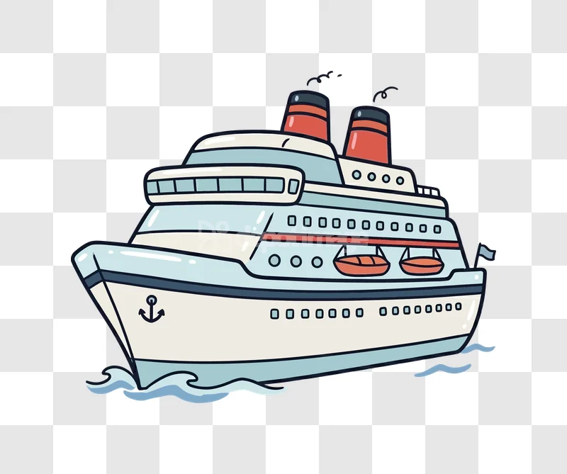 Cartoon Cruise Ship Ocean Liner Boat with red smokestacks and anchor, transparent PNG