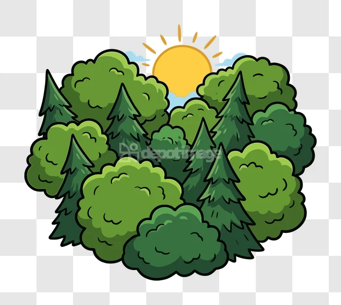 Cartoon Forest Trees Sun Nature: vibrant green, stylized forest, bright sun, transparent PNG.
