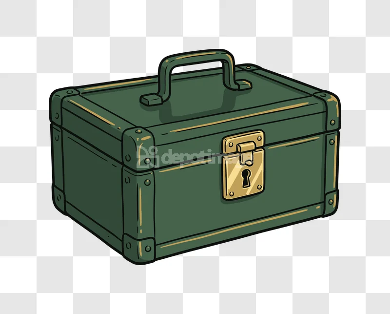 Cartoon Green Metal Lockbox With Handle And Lock showing brass keyhole clasp corner rivets