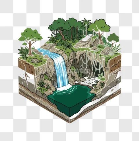 Cartoon Isometric Jungle Waterfall River