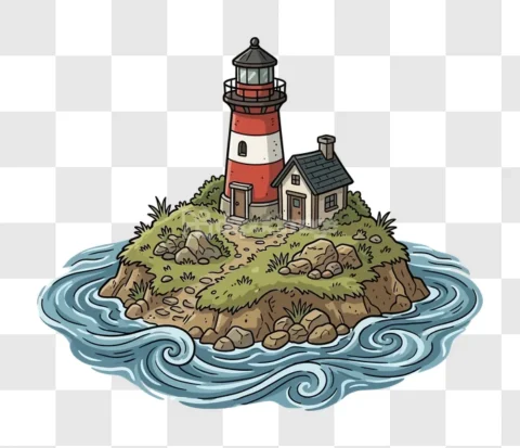 Cartoon Lighthouse Island House Sea Rock