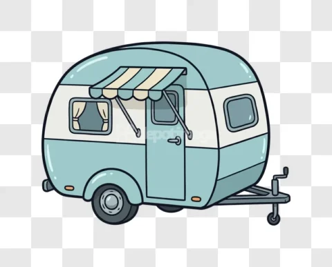 Cartoon Retro Blue White Camper Trailer