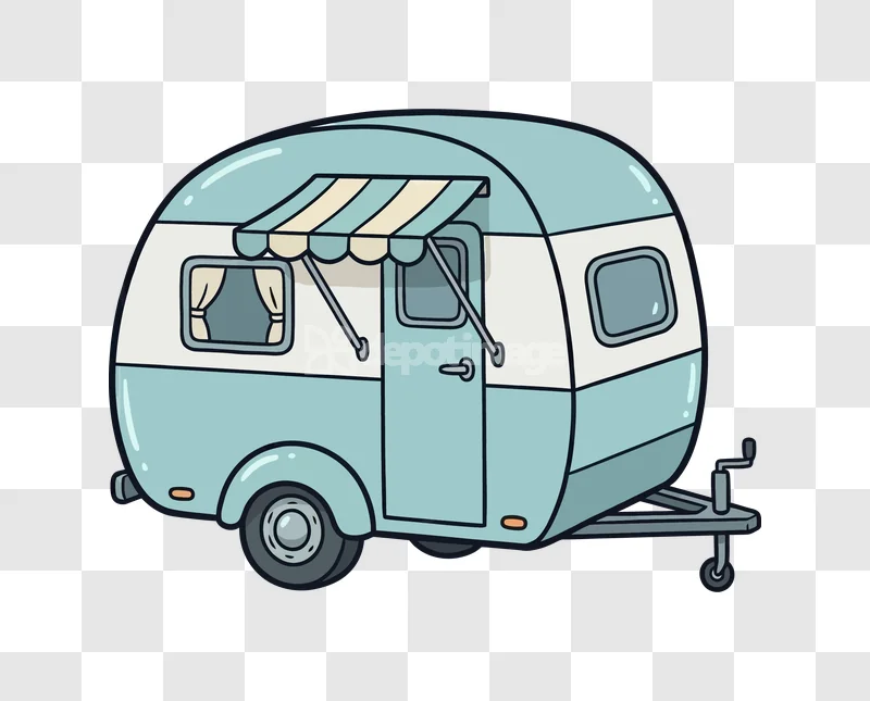 Cartoon Retro Blue White Camper Trailer, light blue, white, transparent, cartoon style