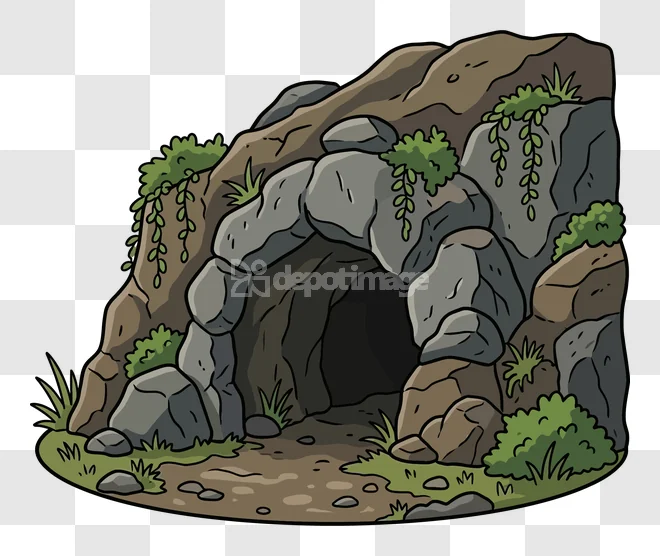 Cartoon Rock Cave Entrance Illustration: brown and gray arched stone opening with green vines, transparent background.