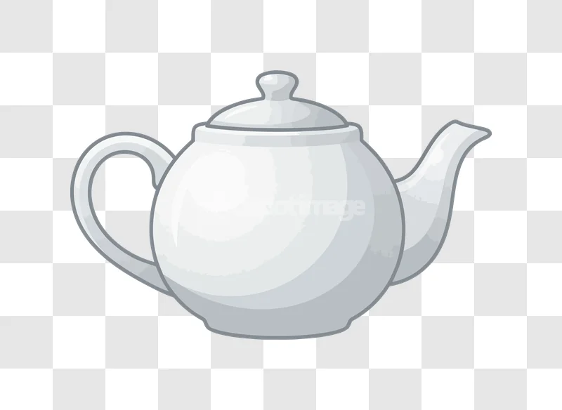 Ceramic Classic White Teapot Illustration, rounded body, gray shading, transparent background