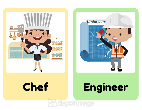 Chef And Engineer Career Flashcards For Kids colorful cartoon characters on white background