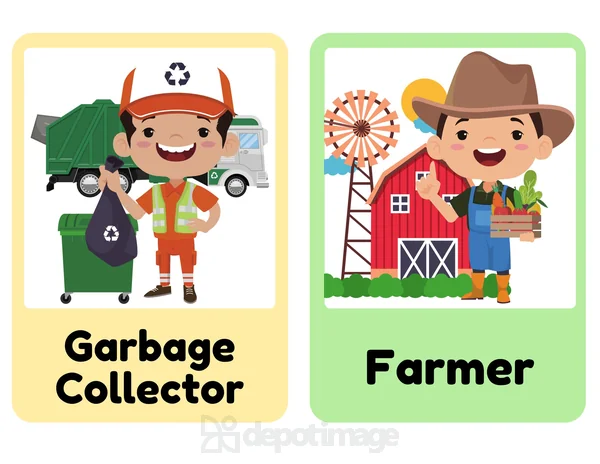 Children Flashcard Garbage Collector Farmer Jobs colorful illustrations of jobs