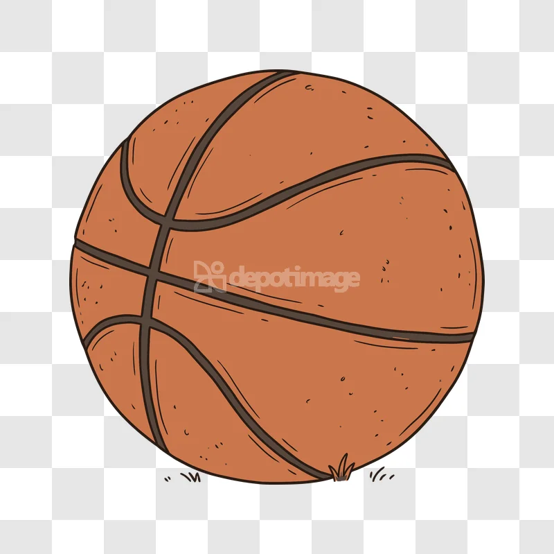 Classic Basketball Hand Drawn Illustration: vibrant orange, round, textured graphic with dark seams, transparent background.