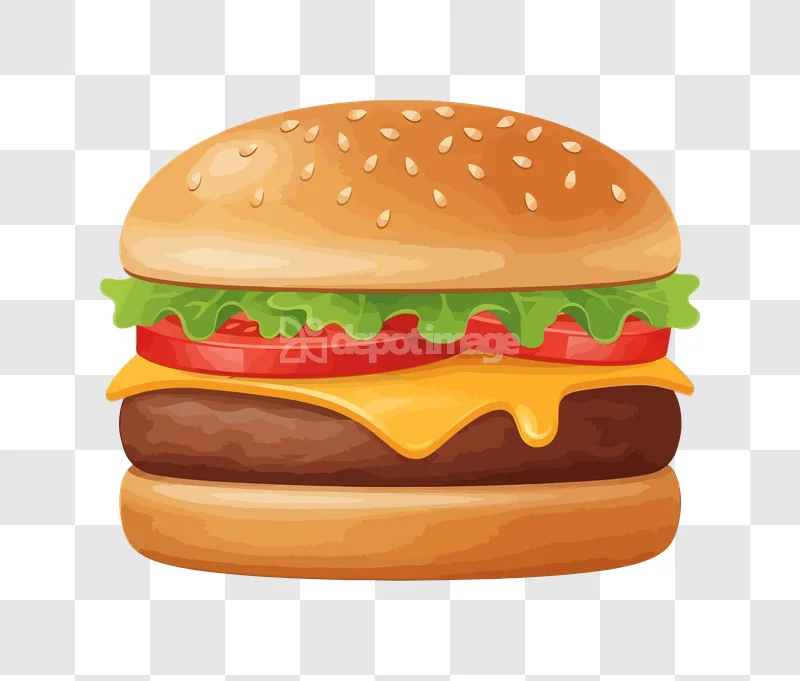 Classic Cheeseburger Sesame Bun Fresh Ingredients: cartoon style, vibrant colors, transparent background