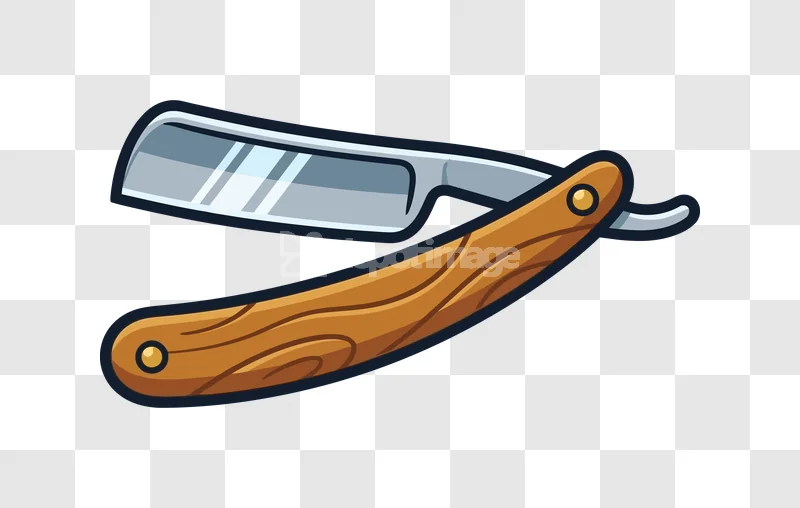 Classic Straight Razor Wooden Handle Sharp, glossy silver blade, textured wooden handle, transparent background.