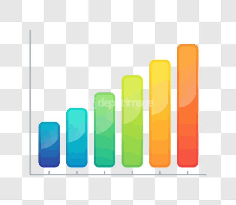 Colorful Bar Graph Increasing Data Growth: vibrant ascending bars, glossy finish, transparent background.