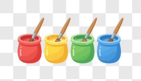 Colorful Paint Pots Brushes Art Supplies